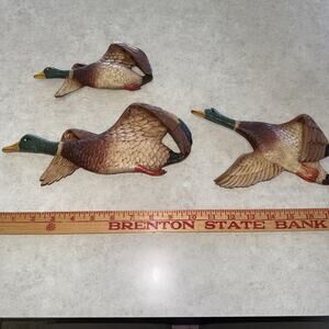 vtg Carved wood mallard ducks wall decor Burwood USA Wing Down Lot 3 Flying MCM